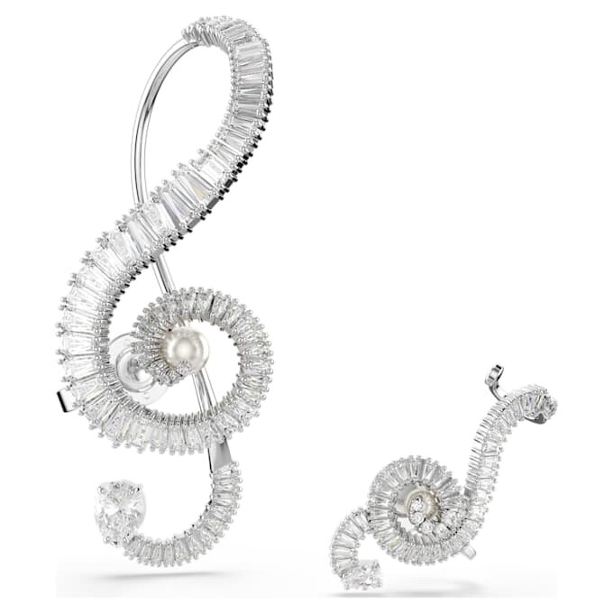 Ariana Grande X Swarovski Clip Earrings Asymmetrical Design, Crystal Pearl, Baguette Cut, White, Rhodium Plated Ariana Grande X Swarovski Clip Earrings Asymmetrical Design, Crystal Pearl, Baguette Cut, White, Rhodium Plated