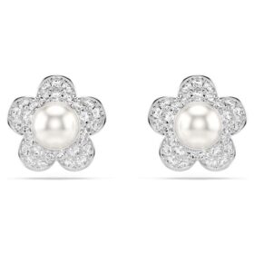 Ariana Grande X Swarovski Stud Earrings Crystal Pearl, Round Cut, Flower, White, Rhodium Plated