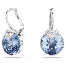 Bella V Drop Earrings Round Cut, Blue, Rhodium Plated