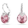 Bella V Drop Earrings Round Cut, Pink, Rhodium Plated