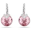 Bella V Drop Earrings Round Cut, Pink, Rhodium Plated