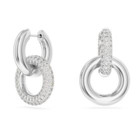 Dextera Hoop Earrings Asymmetrical Design, Interlocking Loop, White, Rhodium Plated