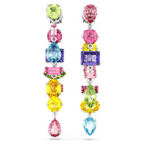 Gema Drop Earrings Asymmetrical Design, Mixed Cuts, Long, Multicolored, Rhodium Plated