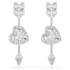 Idyllia Drop Earrings Mixed Cuts, Heart with Arrow, White, Rhodium Plated