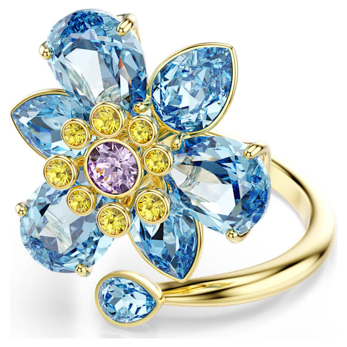 Idyllia Open Ring Mixed Cuts, Flower, Blue, Gold-Tone Plated Idyllia Open Ring Mixed Cuts, Flower, Blue, Gold-Tone Plated