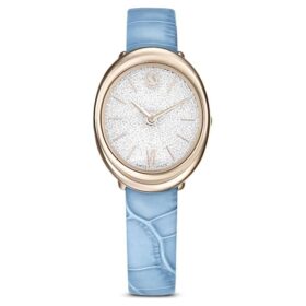 Imber Oval Watch Swiss Made, Leather Strap, Blue, Champagne Gold-Tone Finish