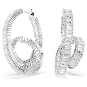 Matrix Hoop Earrings Baguette Cut, Ribbon, White, Rhodium Plated