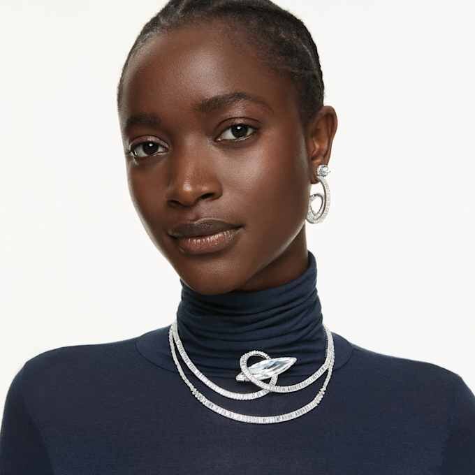 Matrix Hoop Earrings Baguette Cut, Ribbon, White, Rhodium Plated Matrix Hoop Earrings Baguette Cut, Ribbon, White, Rhodium Plated