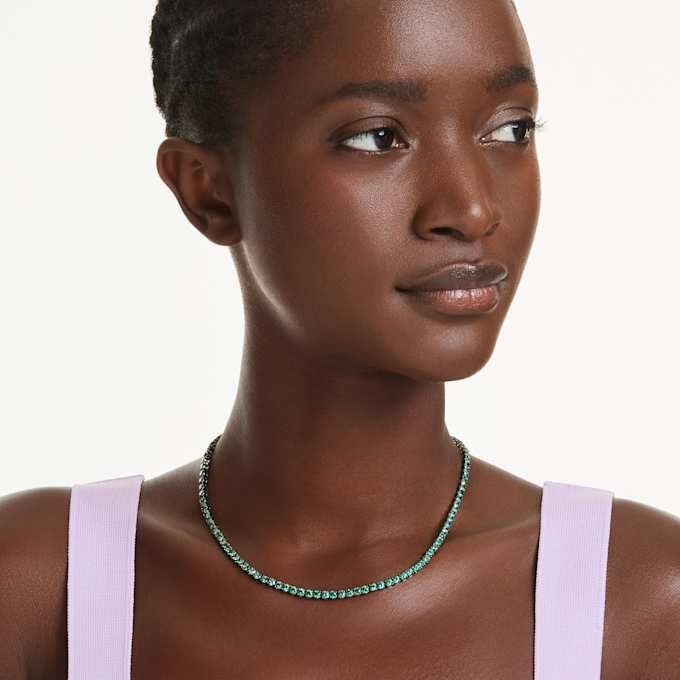 Matrix Tennis Necklace Round Cut, Green, Ruthenium Plated Matrix Tennis Necklace Round Cut, Green, Ruthenium Plated