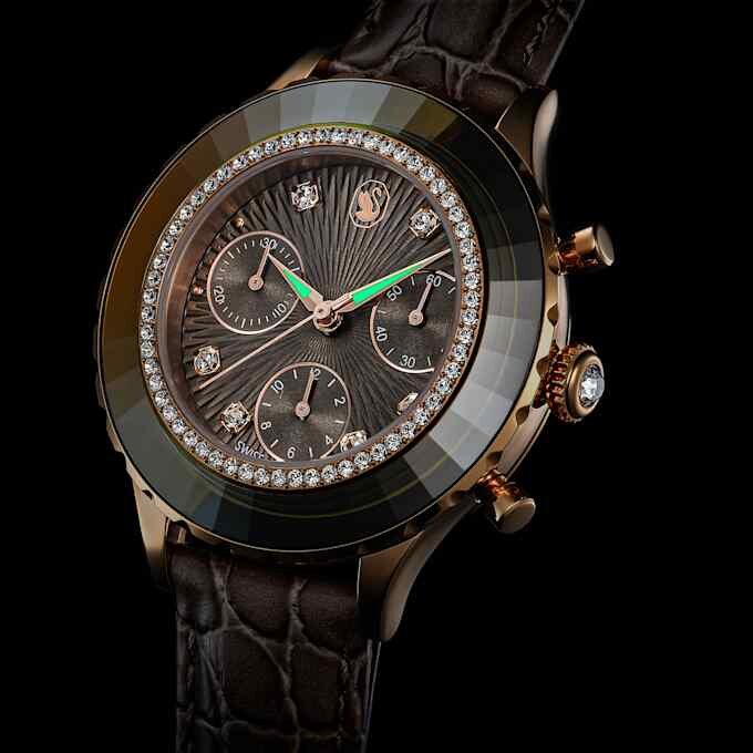 Octea Chrono Watch Swiss Made, Leather Strap, Gray, Rose Gold-Tone Finish Octea Chrono Watch Swiss Made, Leather Strap, Gray, Rose Gold-Tone Finish