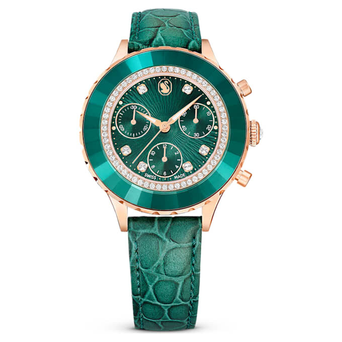 Octea Chrono Watch Swiss Made, Leather Strap, Green, Rose Gold-Tone Finish Octea Chrono Watch Swiss Made, Leather Strap, Green, Rose Gold-Tone Finish