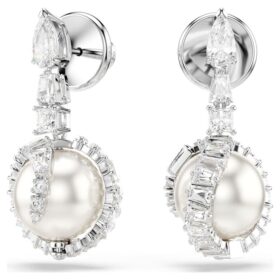 Snake Drop Earrings Crystal Pearl, Mixed Cuts, Year of the Snake, White, Rhodium Plated