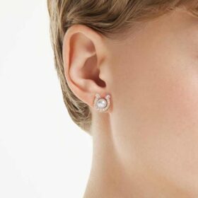 Symbolica Stud Earrings Crystal Pearl, Pavé, Horse Shoe, White, Rose Gold-Tone Plated