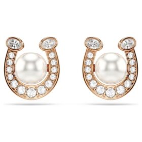 Symbolica Stud Earrings Crystal Pearl, Pavé, Horse Shoe, White, Rose Gold-Tone Plated