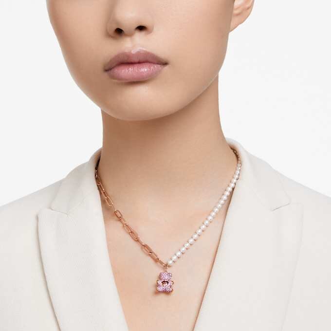 Teddy Pendant Crystal Pearl, Bear, Pink, Rose Gold-Tone Plated Teddy Pendant Crystal Pearl, Bear, Pink, Rose Gold-Tone Plated